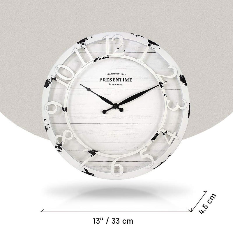 Presentime & Co 13" Farmhouse Series Wall Clock, Quartz Movement, Shiplap Style, Raised 3D Arabic Numeral, Antique Distressed White - Image 4